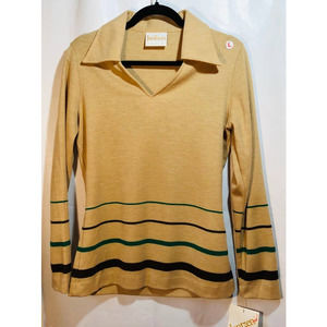 Jantzen RETRO NWT tan camel v-neck pullover sweater w/brown & green stripes